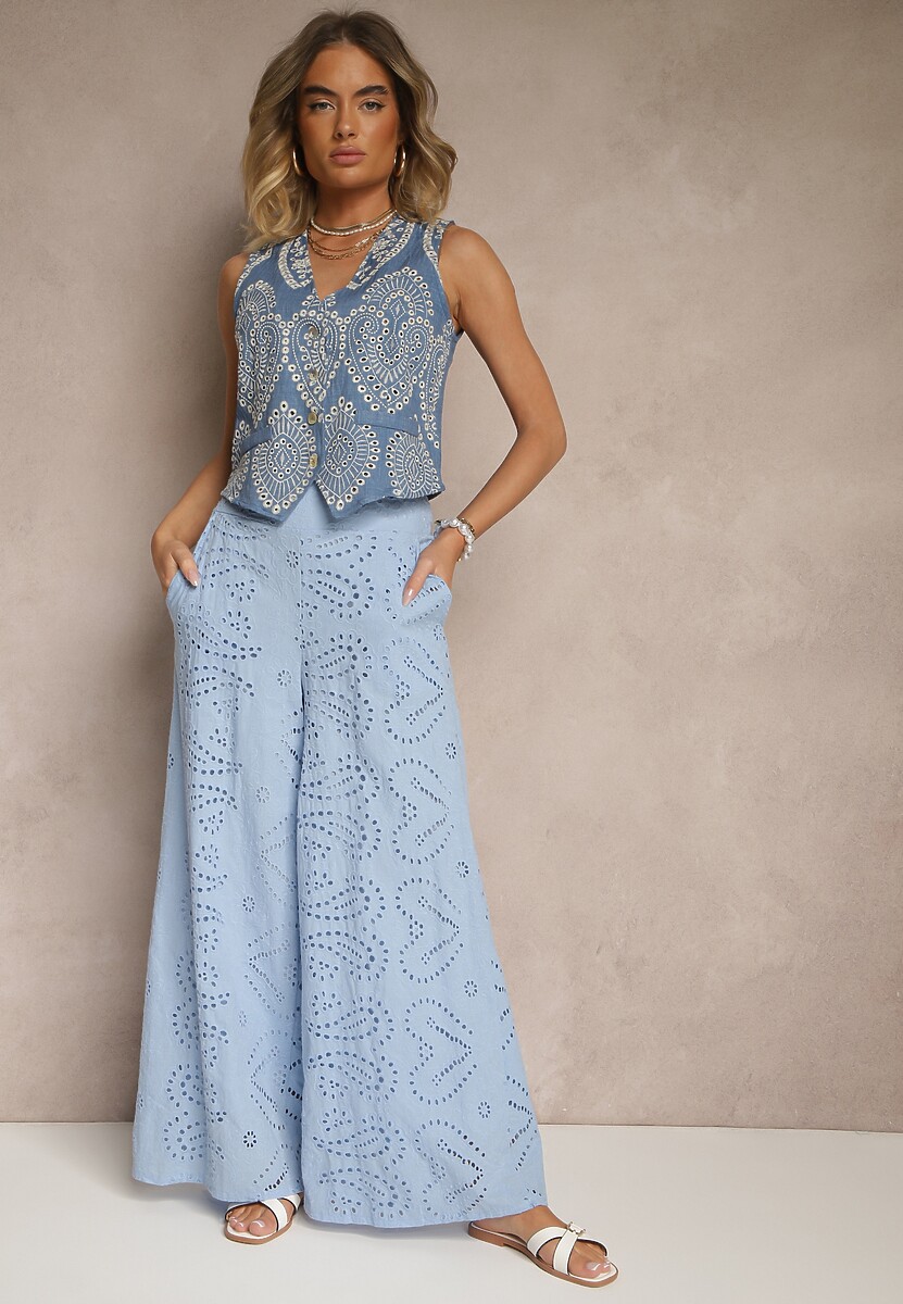 Białe Ażurowe Spodnie z Bawełny High Waist o Szerokim Kroju Evinassa