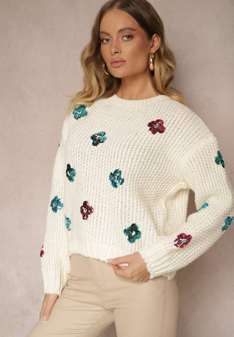 Jasnobeżowy Sweter z Wiskozą Zdobiony Cekinowymi Aplikacjami z Kwiatami Edalora