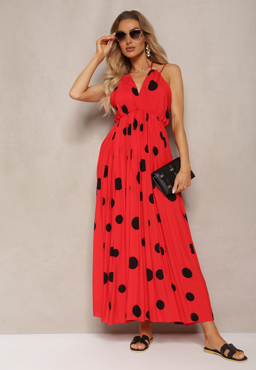 Czerwona Wiskozowa Sukienka z Gumką w Pasie i Wiązaniem na Szyi i Plecach Kamaries