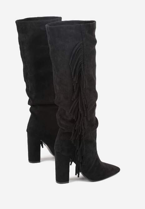 Czarne Kozaki Kowbojki na Słupku z Frędzlami na Cholewce Badina