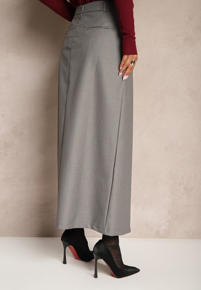 Ciemnoszara Maxi Spódnica Kopertowa z Rozcięciem o Asymetrycznym Fasonie Atenirs