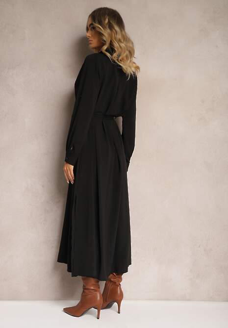 Czarna Casualowa Sukienka Koszulowa na Guziki z Kieszeniami Jezebel