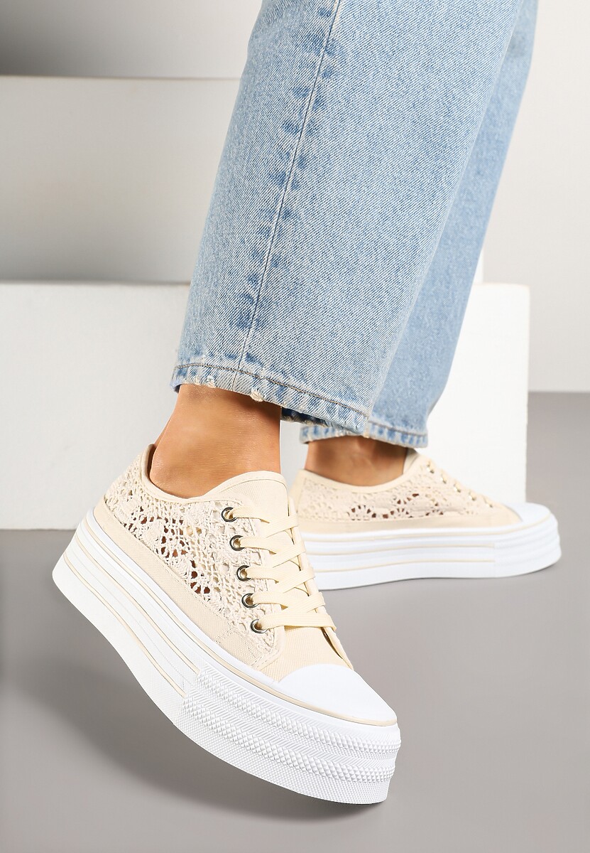 Beżowe Ażurowe Trampki na Platformie Felenna