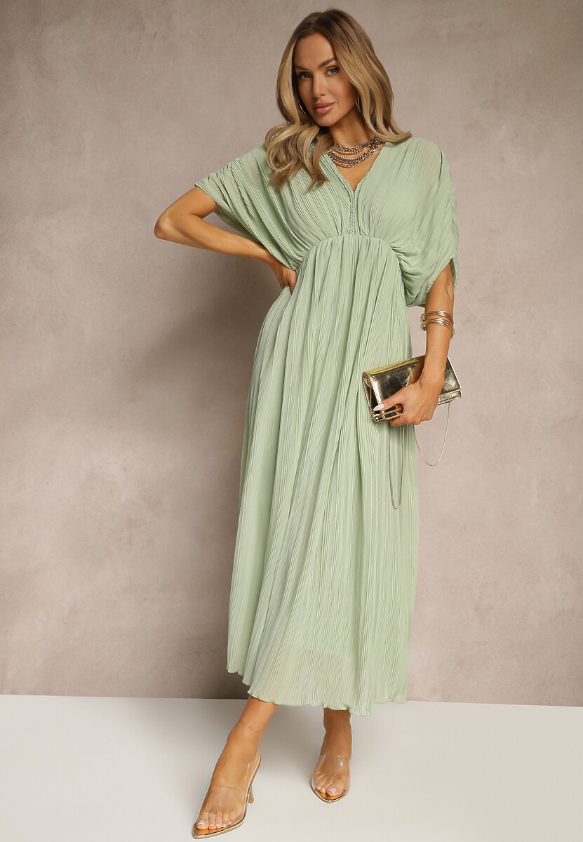 Niebieska Luźna Sukienka Wiązana na Szyi Taliowana z Rozkloszowanym Dołem Napovira