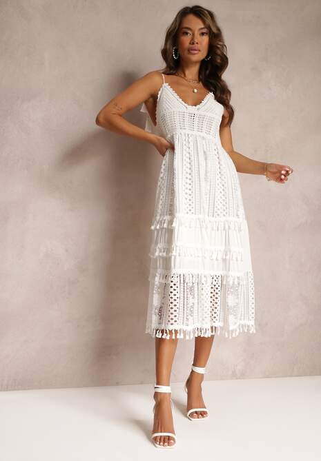 Biała Rozkloszowana Sukienka Midi na Ramiączkach z Koronki Nejla