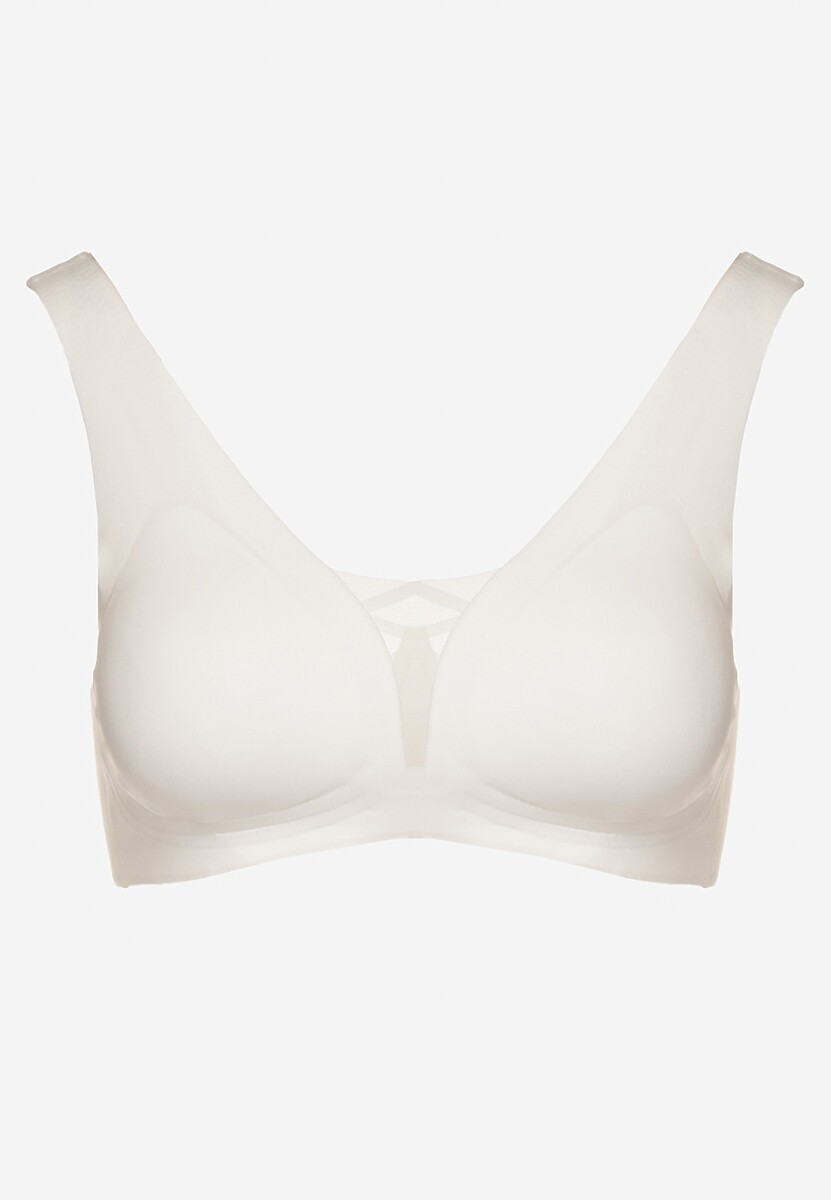 Biały Sportowy Biustonosz Zdobiony Siateczką i Gorsetową Aplikacją Salinalla