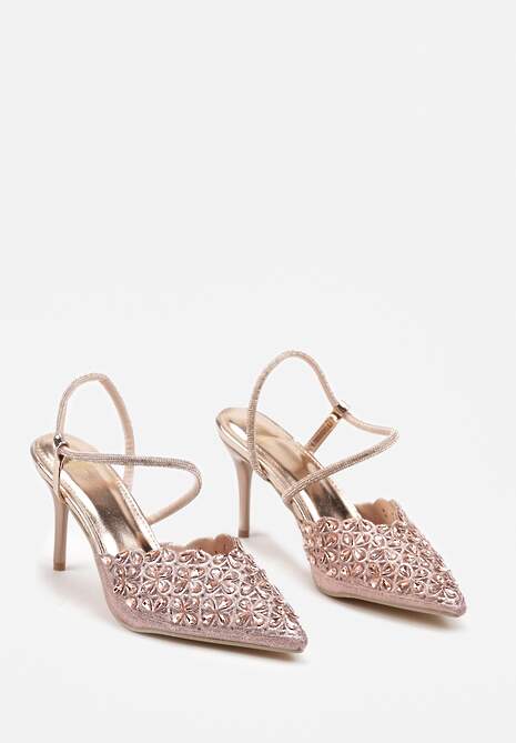 Szampańskie Sandały na Szpilce Slingback z Cyrkoniami Dimte