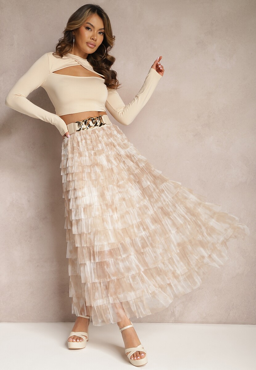 Ciemnobeżowa Bawełniana Spódnica Ozdobiona Falbankami Maxi Creama