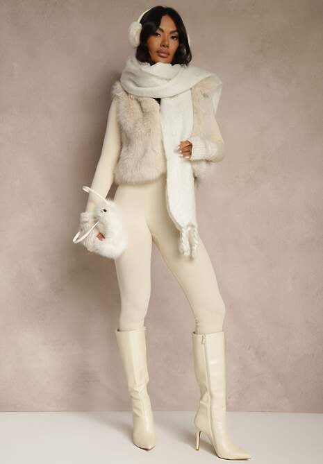 Beżowa Futerkowa Kamizelka z Kołnierzem i Kieszeniami Nenessa