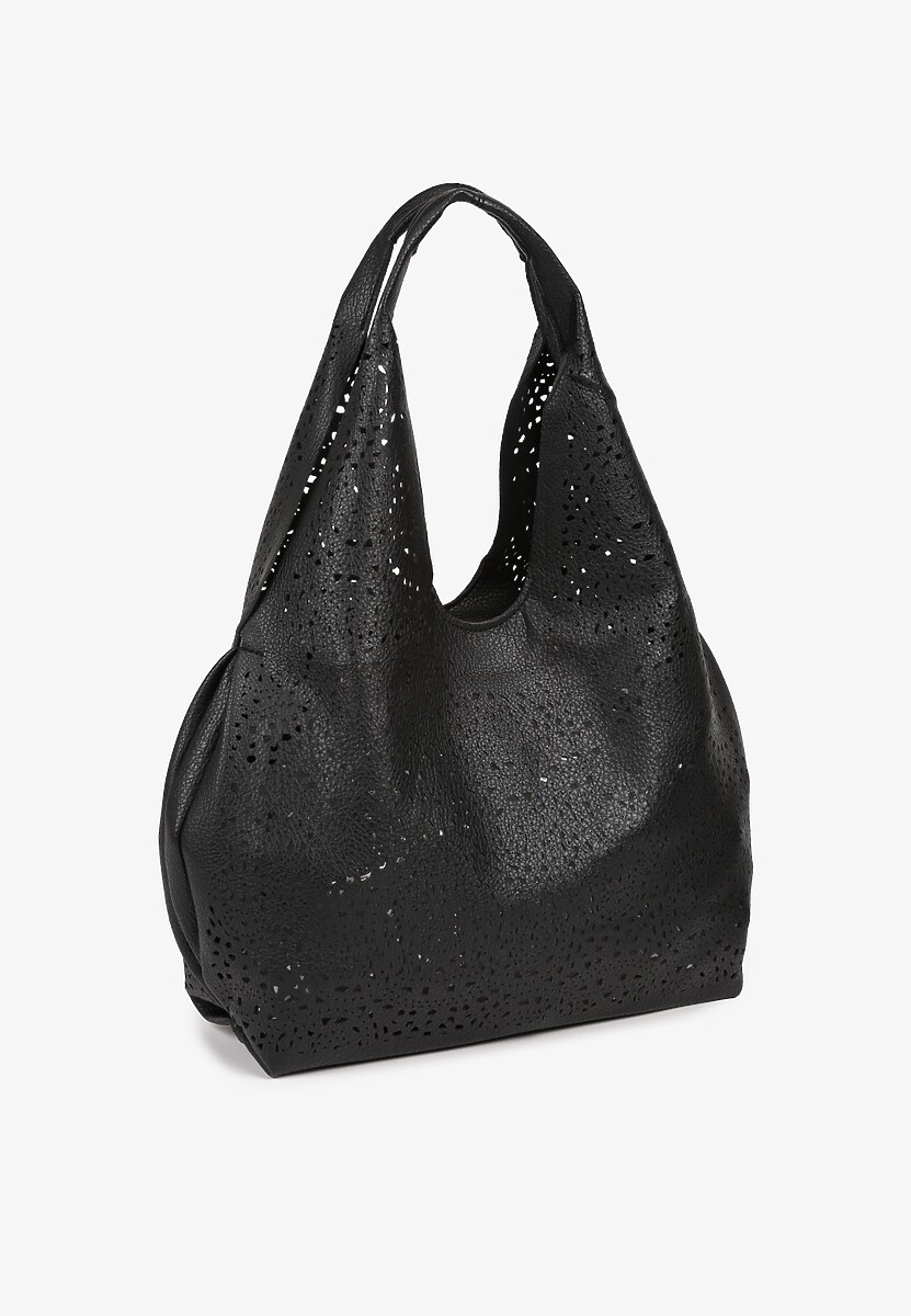 Czarna Torebka Hobo Zdobiona Ażurową Perforacją z Dodatkową Saszetką Frolana