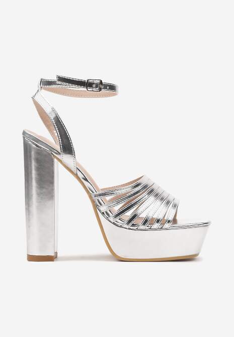 Srebrne Sandały na Platformie i Słupku z Ozdobnymi Paskami Senatia