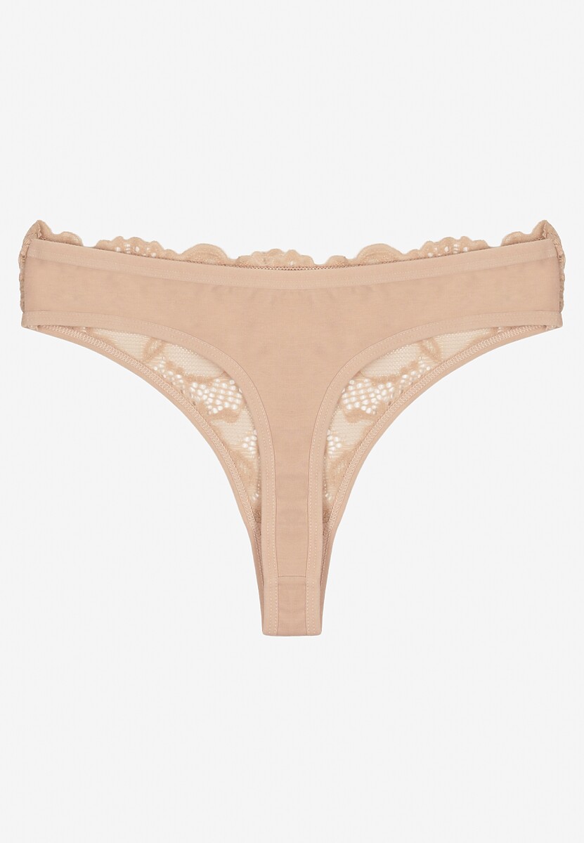 Beżowe Bawełniane Majtki Stringi z Koronką Ilwedana