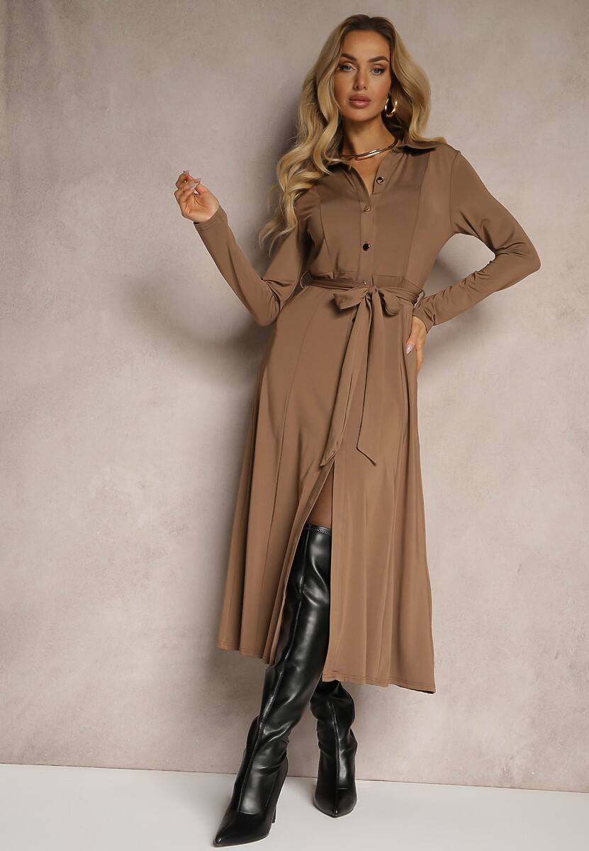 Ciemnobeżowa Długa Sukienka Koszulowa z Wiązaniem w Talii Levae
