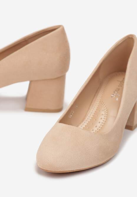 Beżowe Czółenka na Słupku z Imitacji Zamszu Challis