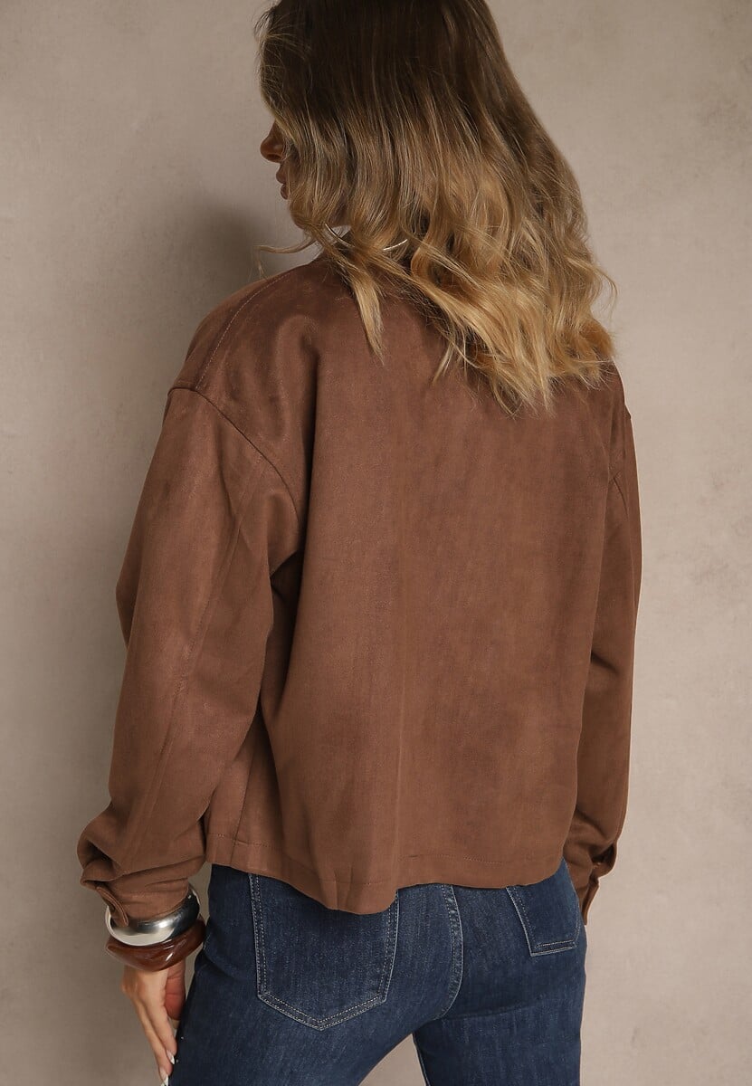 Brązowa Kurtka z Imitacji Zamszu o Koszulowym Kroju Aronelle