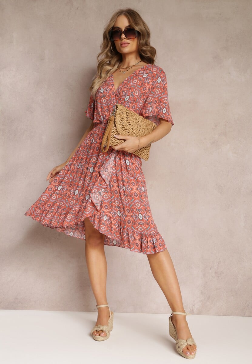 Ciemnoróżowa Wiskozowa Sukienka Midi z Kopertowym Dekoltem i Gumkami w Talii Aubria