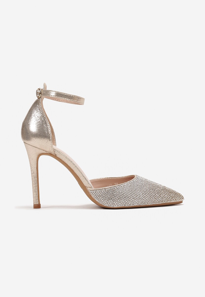 Złote Błyszczące Sandały na Szpilce z Paskiem przy Kostce Nirel