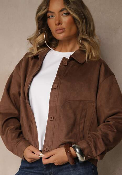 Brązowa Kurtka z Imitacji Zamszu o Koszulowym Kroju Aronelle