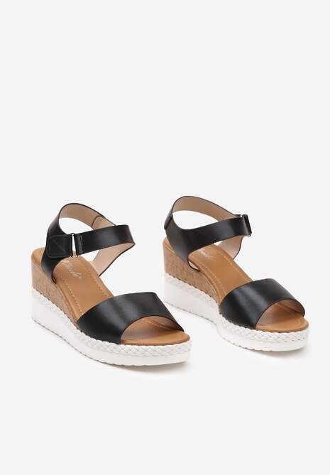Czarne Sandały Zapinane na Rzep na Ozdobnym Koturnie Litalia