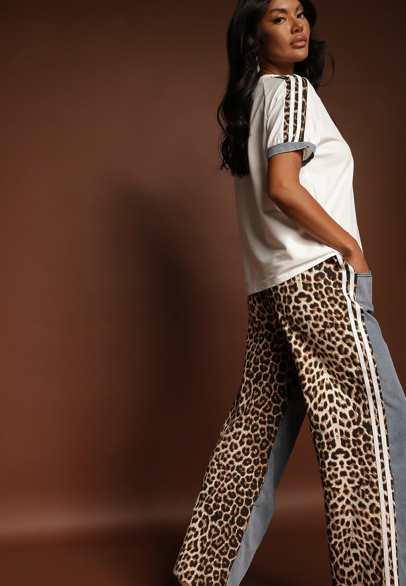 Biały Dresowy Komplet z Bawełny Spodnie i Bluzka z Panterką i Lampasami Eltebira