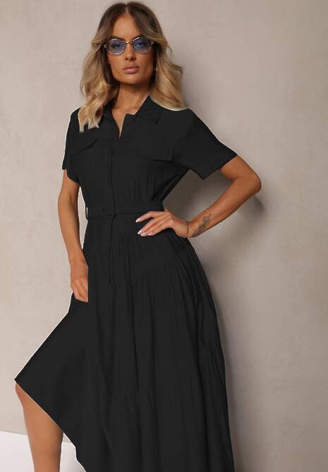 Czarna Rozkloszowana Sukienka z Paskiem w Talii Vimalise