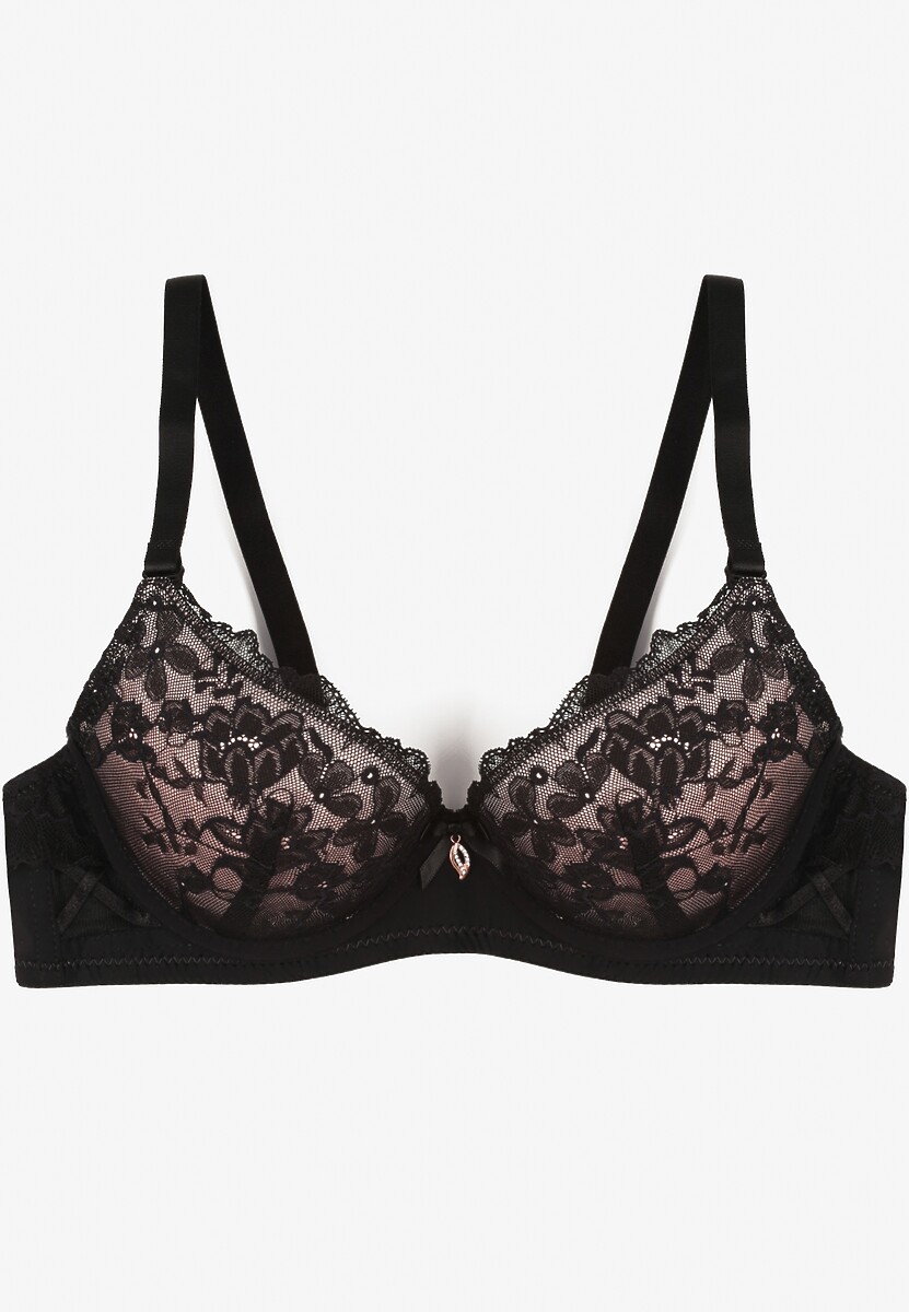 Czarno-Różowy Biustonosz z Koronką i Kokardką Amirio