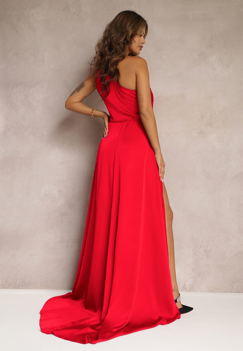 Czerwona Elegancka Sukienka na Jedno Ramię o Asymetrycznym Fasonie Leylane