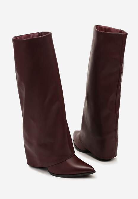 Bordowe Kozaki Kowbojki na Stożkowym Obcasie Ozdobione Wywiniętą Cholewką Nalunisa