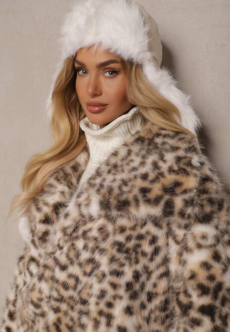 Beżowa Kurtka Futerko w Panterkowy Print z Szerokim Kołnierzem Nalorienne