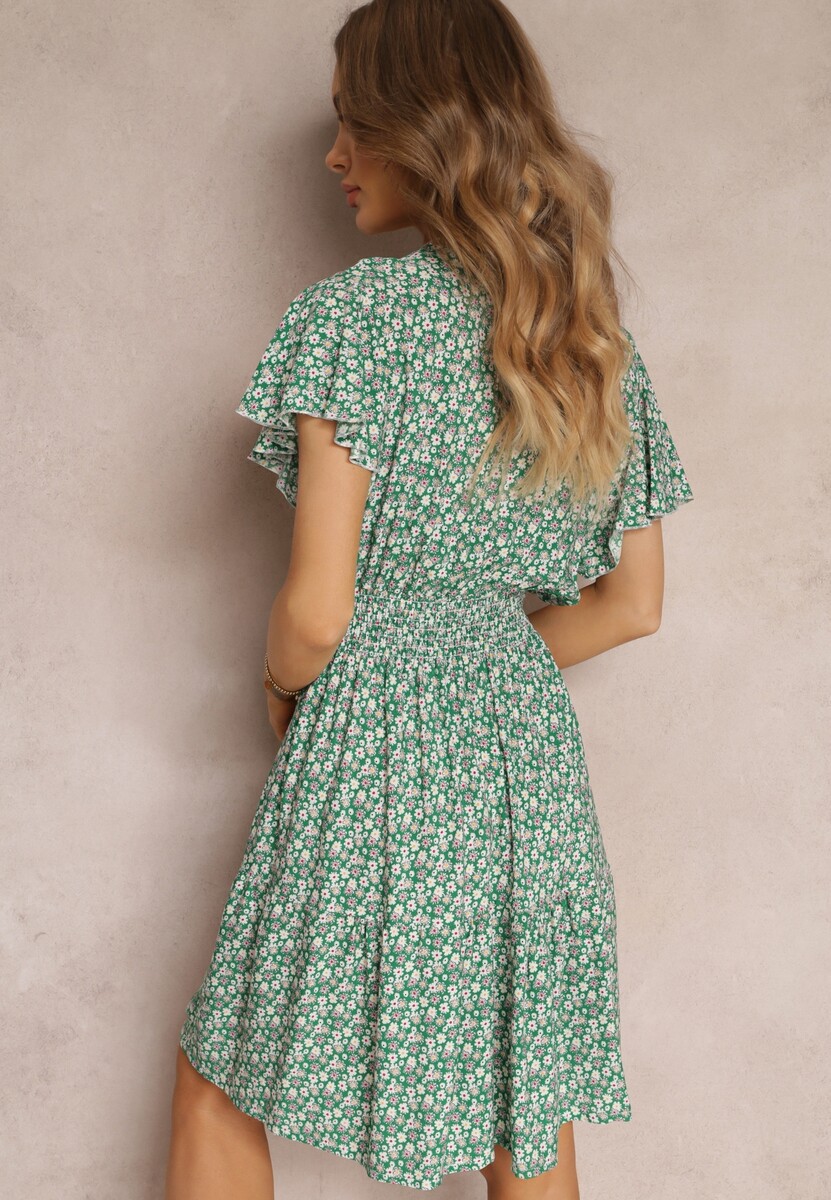 Zielona Sukienka Mini z Gumką w Talii z Wiskozy Jensa