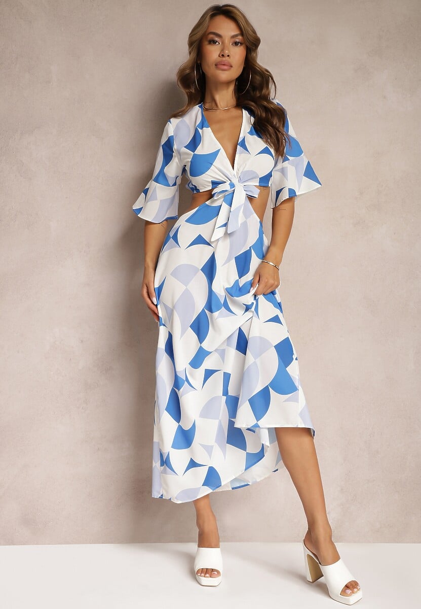 Niebieska Kopertowa Sukienka Maxi z Rozkloszowanym Dołem i Wiązaniem Alylina