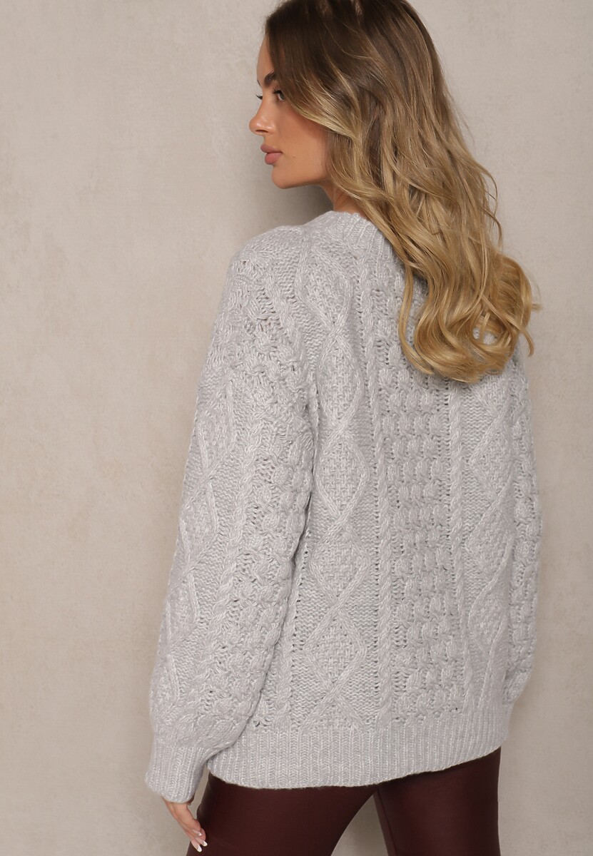 Szary Pudełkowy Sweter z Wełną i Wiskozą o Tłoczonym Splocie Vaithra