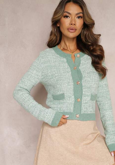 Zielony Kardigan Zapinany na Ozdobne Guziki z Metaliczną Nitką Flizome