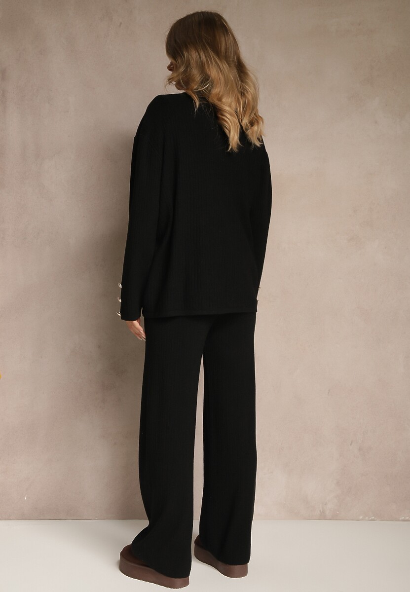 Czarny Komplet z Dzianiny z Bawełną Spodnie Kardigan i T-shirt z Golfem Ralonia