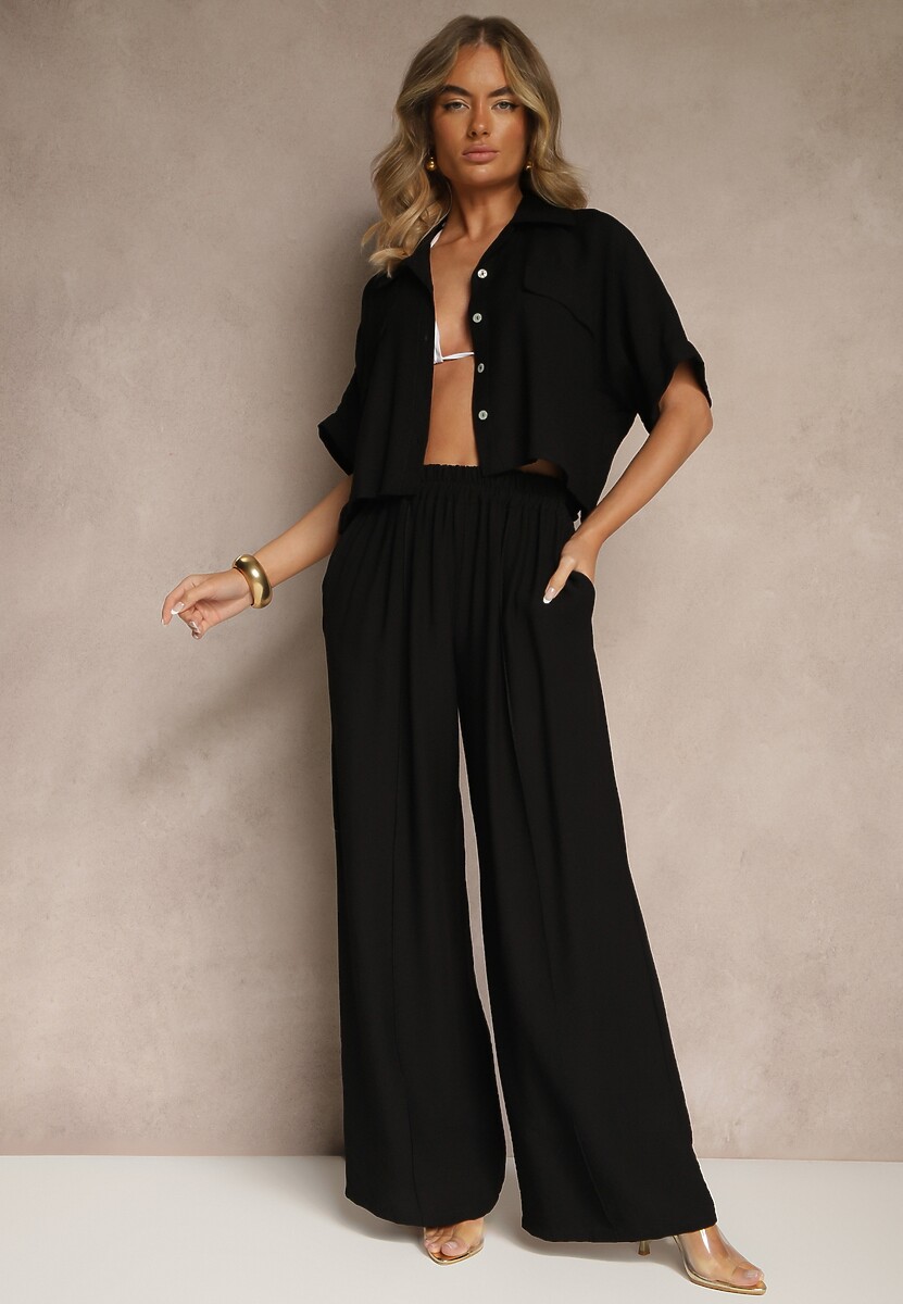 Czarny 2-Częściowy Komplet z Wiskozy Koszula o Luźnym Kroju Szerokie Spodnie Velvitela