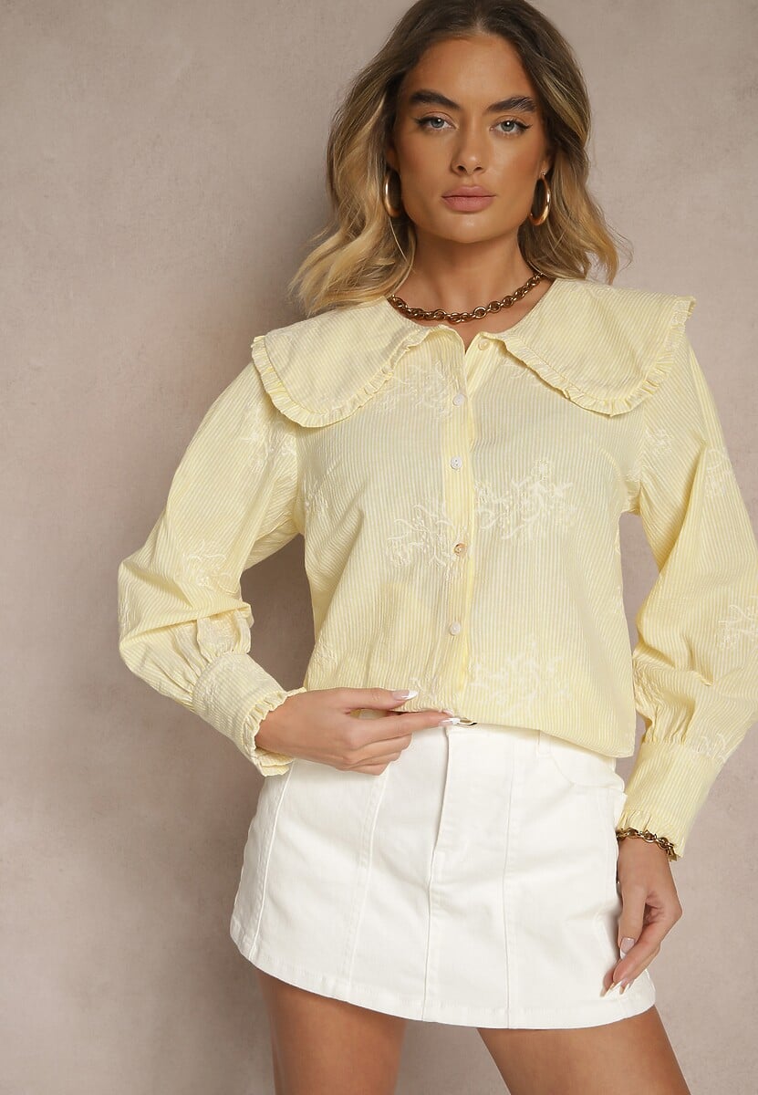 Jasnoniebieska Koszula z Bawełną Ozdobiona Kołnierzykiem Natulissa