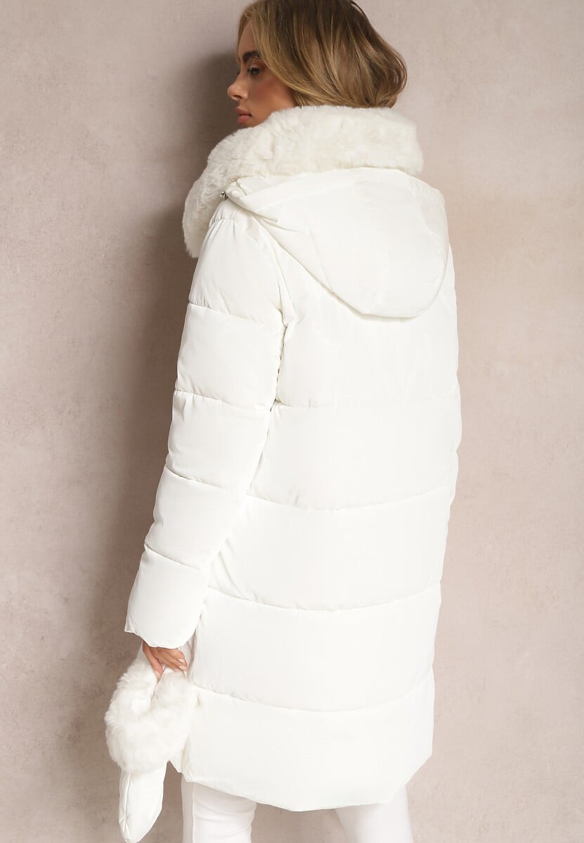 Biała Kurtka Płaszcz z Ozdobnym Pikowaniem z Futerkiem i Rękawiczkami Sicilba