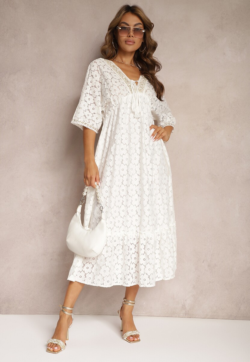 Biała Sukienka z Koronką i Dodatkiem Bawełny Wykończona Wiązaniem i Gumką w Talii Jasevia