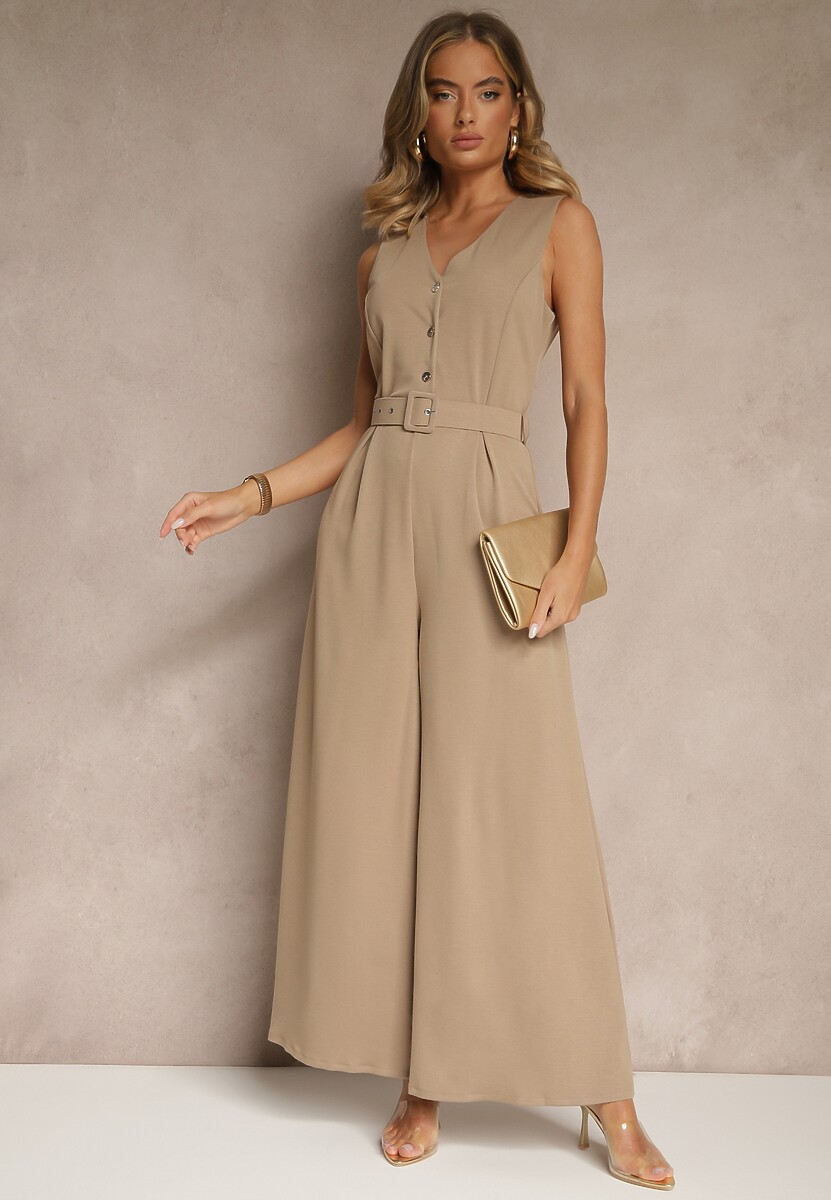 Ciemnobeżowy Kombinezon o Taliowanym Kroju z Wiskozą i Paskiem Raliorea