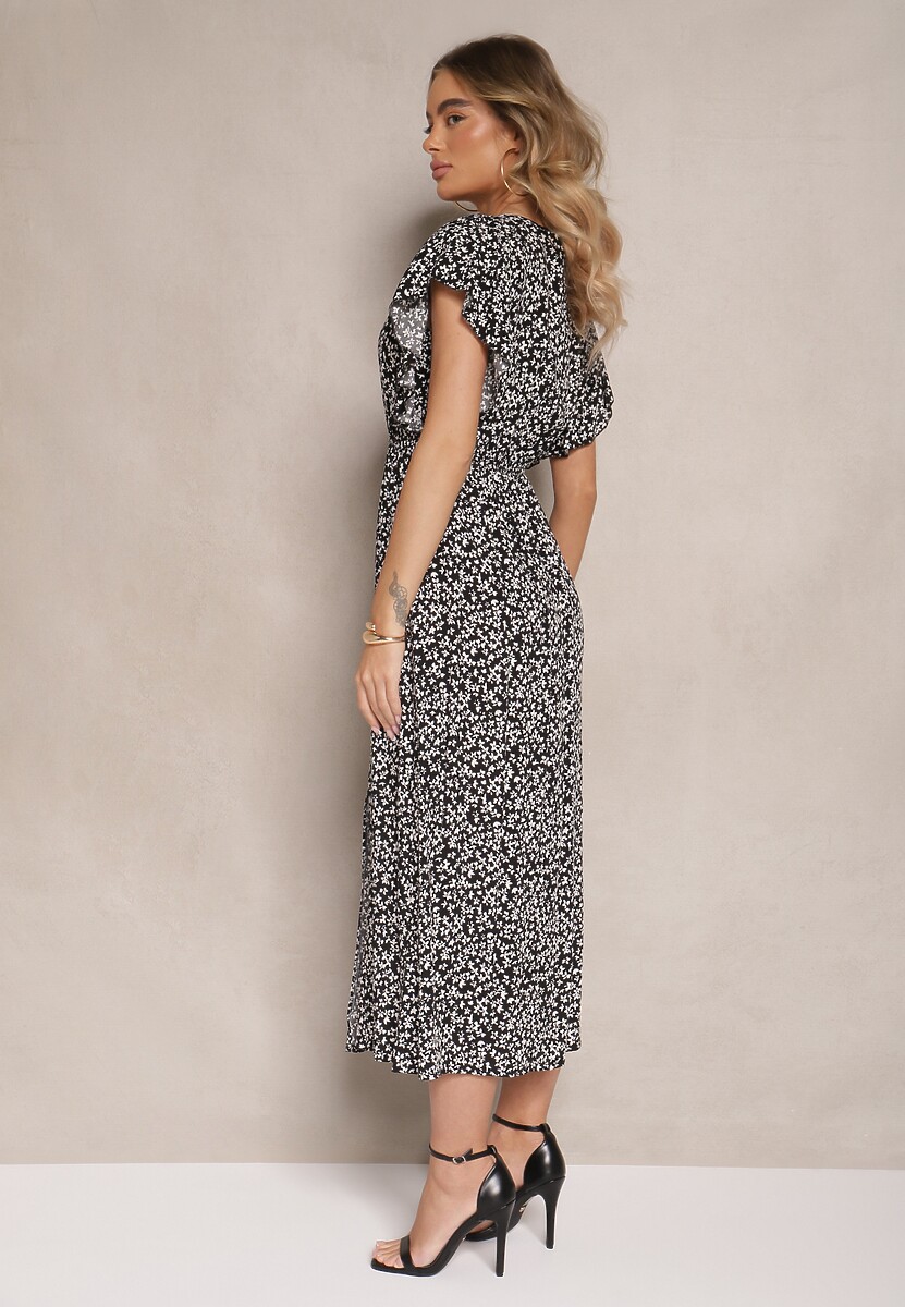 Czarna Rozkloszowana Sukienka z Bawełny z Gumką w Pasie w Drobne Kwiaty Pulinea