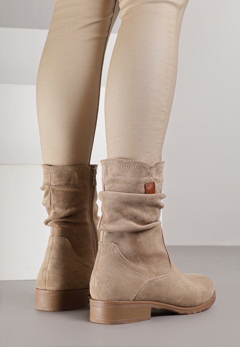 Beżowe Botki z Cholewką za Kostkę z Ozdobnymi Marszczeniami Merivinae