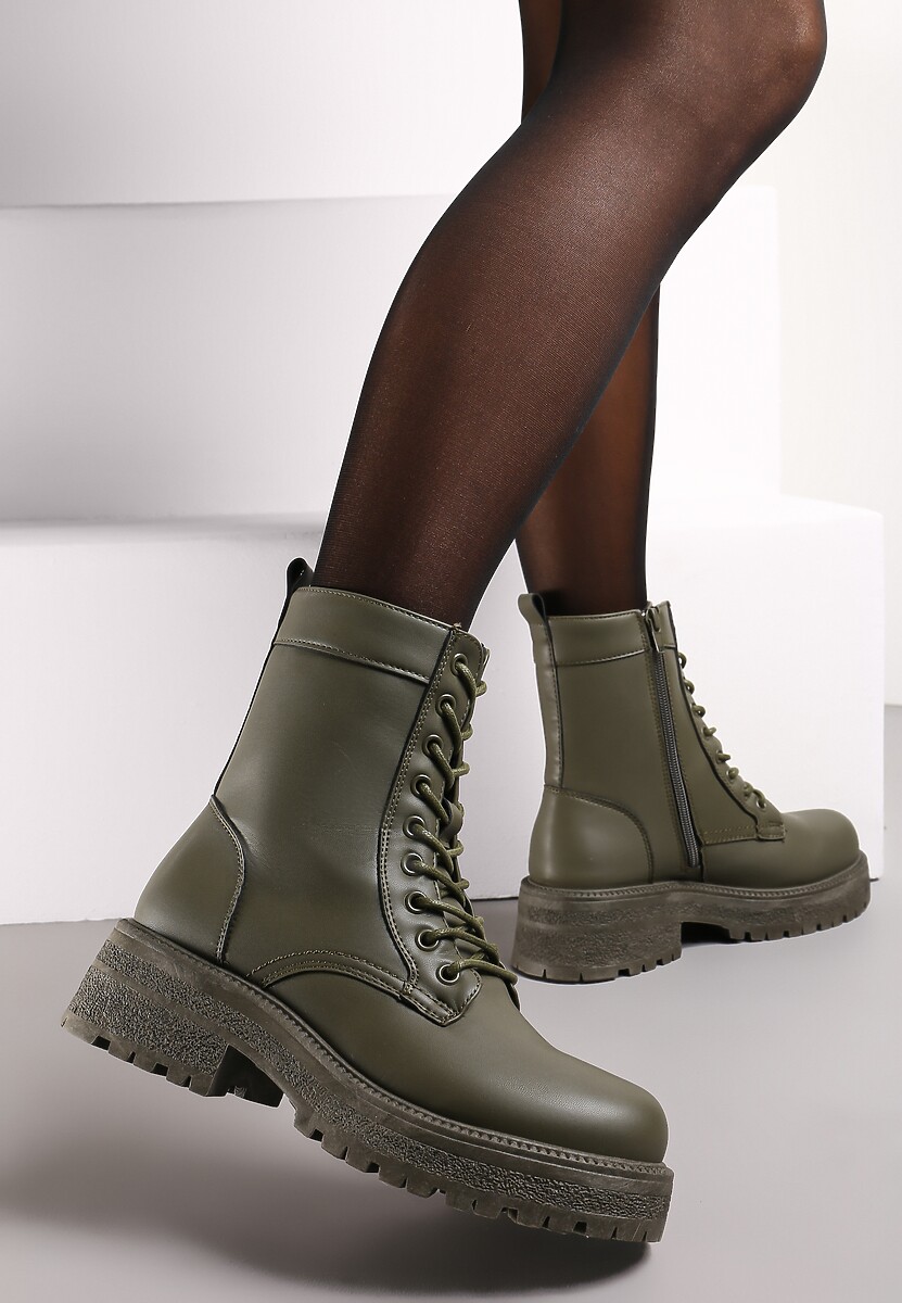 Bordowe Sznurowane Botki na Grubej Podeszwie Attira