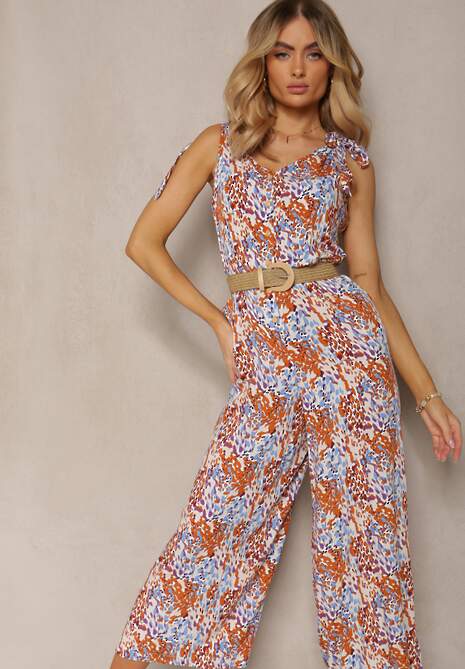 Niebiesko-Brązowy Długi Kombinezon z Wiązanymi Ramiączkami Ozdobiony Mozaikowym Wzorem Jarnsaxa