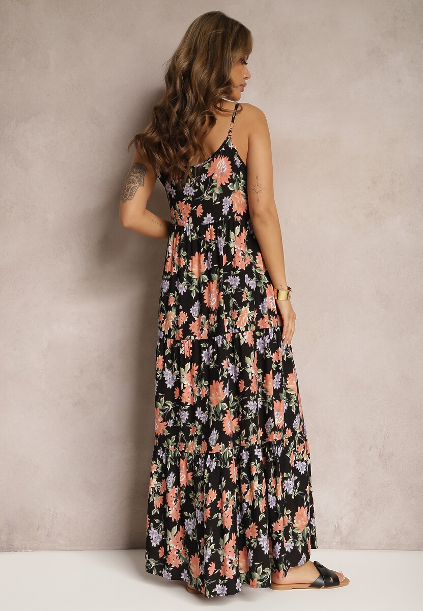 Czarno-Różowa Wiskozowa Sukienka na Ramiączkach z Falbanką Lrinesa