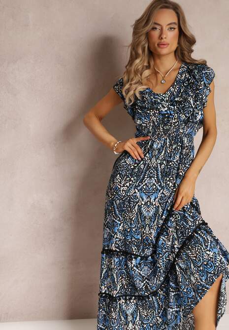 Granatowo-Czarna Wiskozowa Sukienka Maxi z Pomponami i Gumką w Talii Belmona