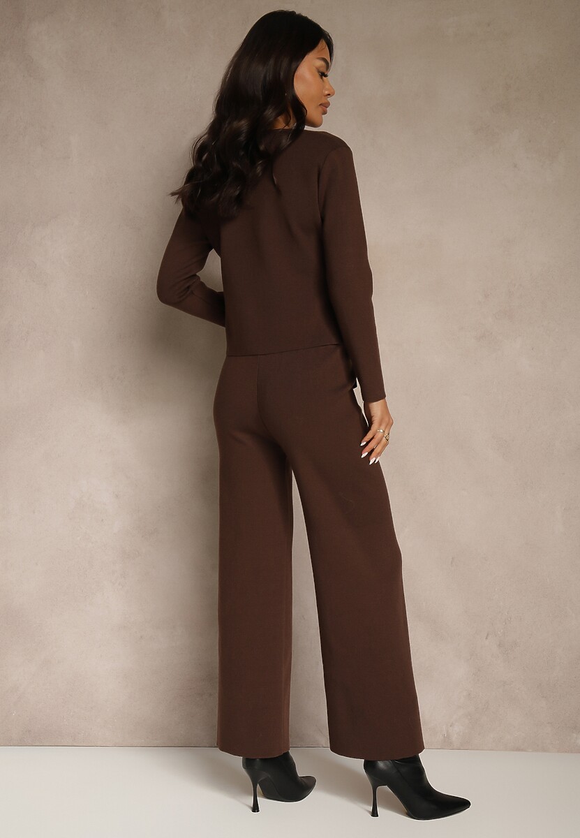 Brązowy Elegancki Komplet z Dzianiny z Wiskozą Kardigan i Spodnie Delinavea