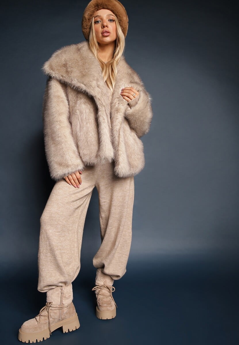 Ciemnobeżowe Botki z Futerkiem na Platformie z Ozdobnym Wiązaniem Cotara