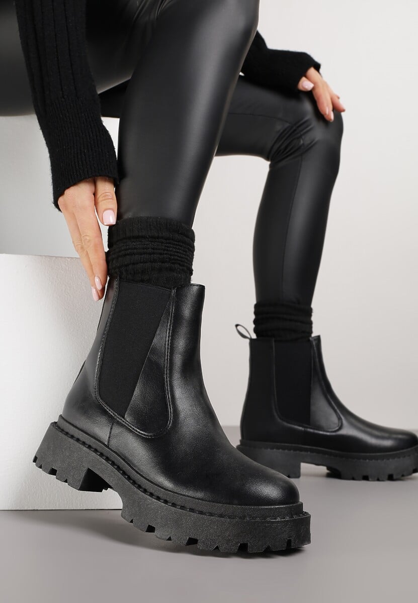 Czarne Botki Sztyblety na Grubej Podeszwie Gosoga