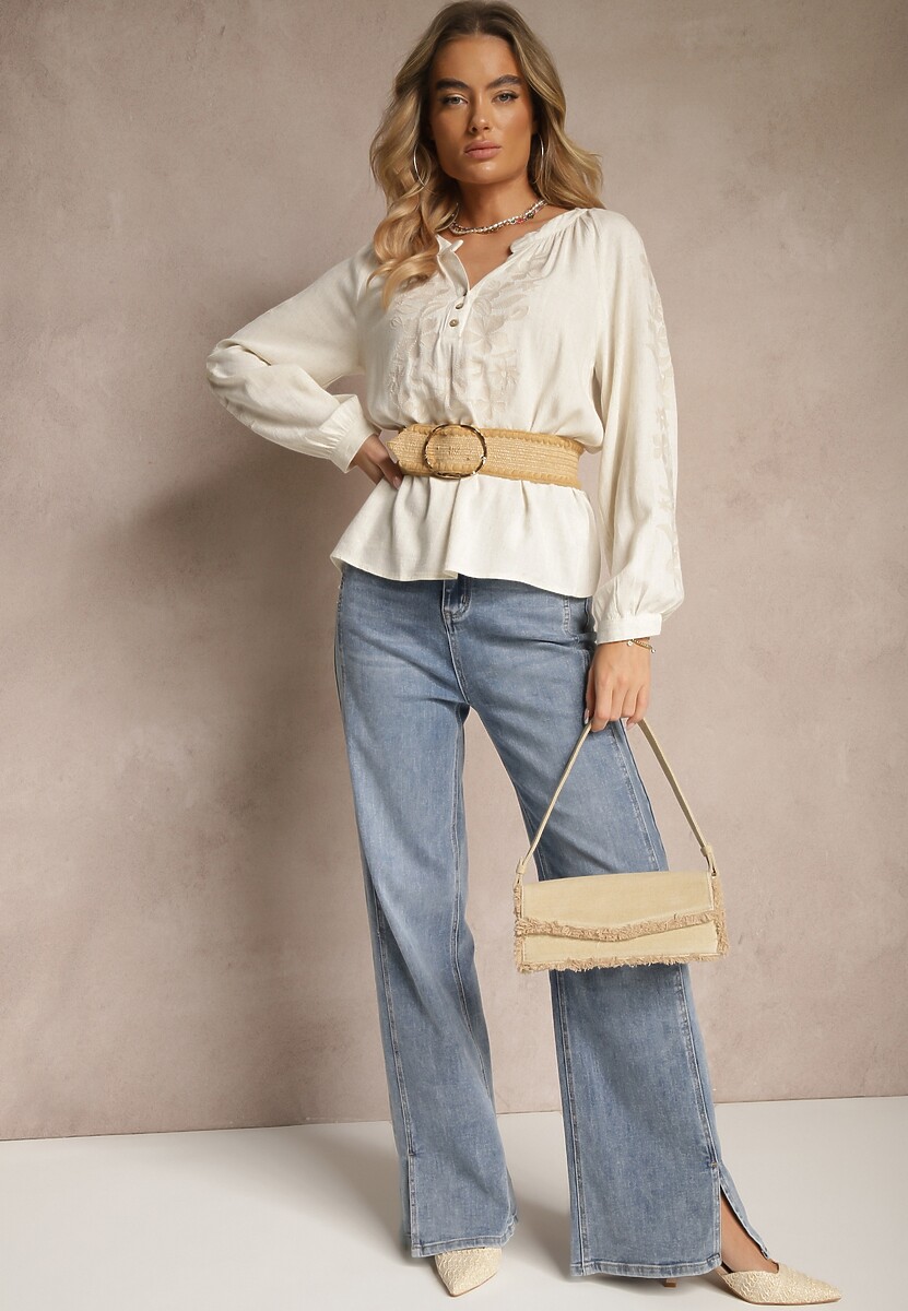 Beżowa Bluzka z Wiskozą i Lnem z Ozdobnym Haftem Isariel