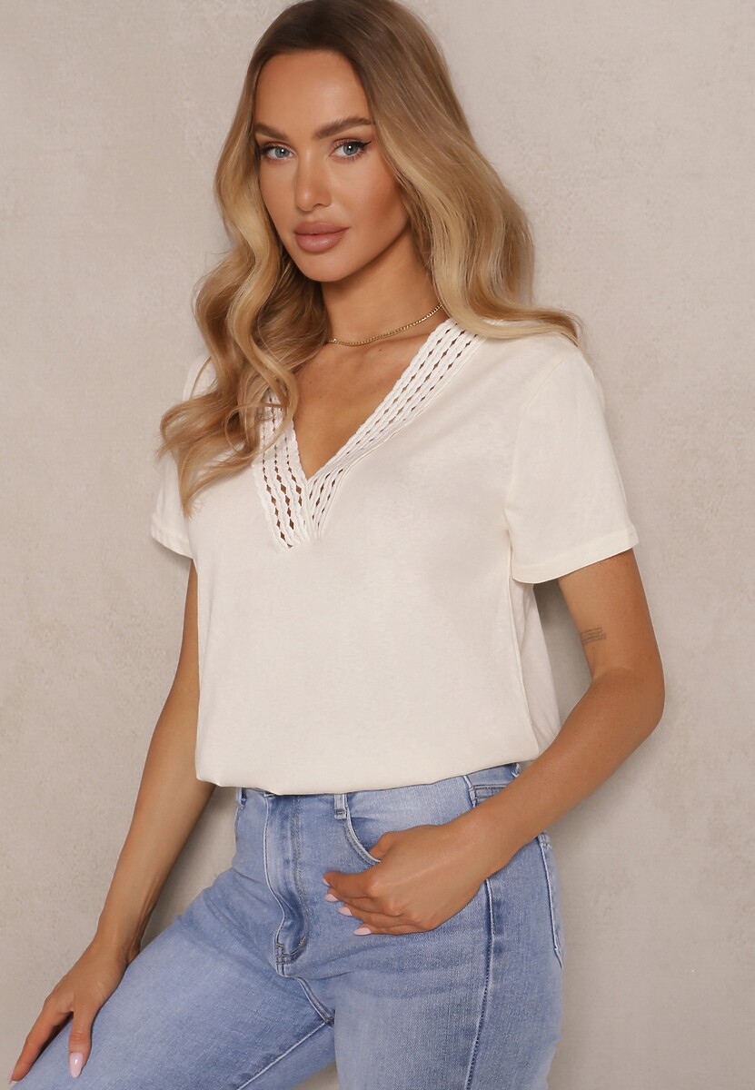 Czarny Bawełniany T-shirt z Wiskozą i Ażurowym Wzorem Fenirea